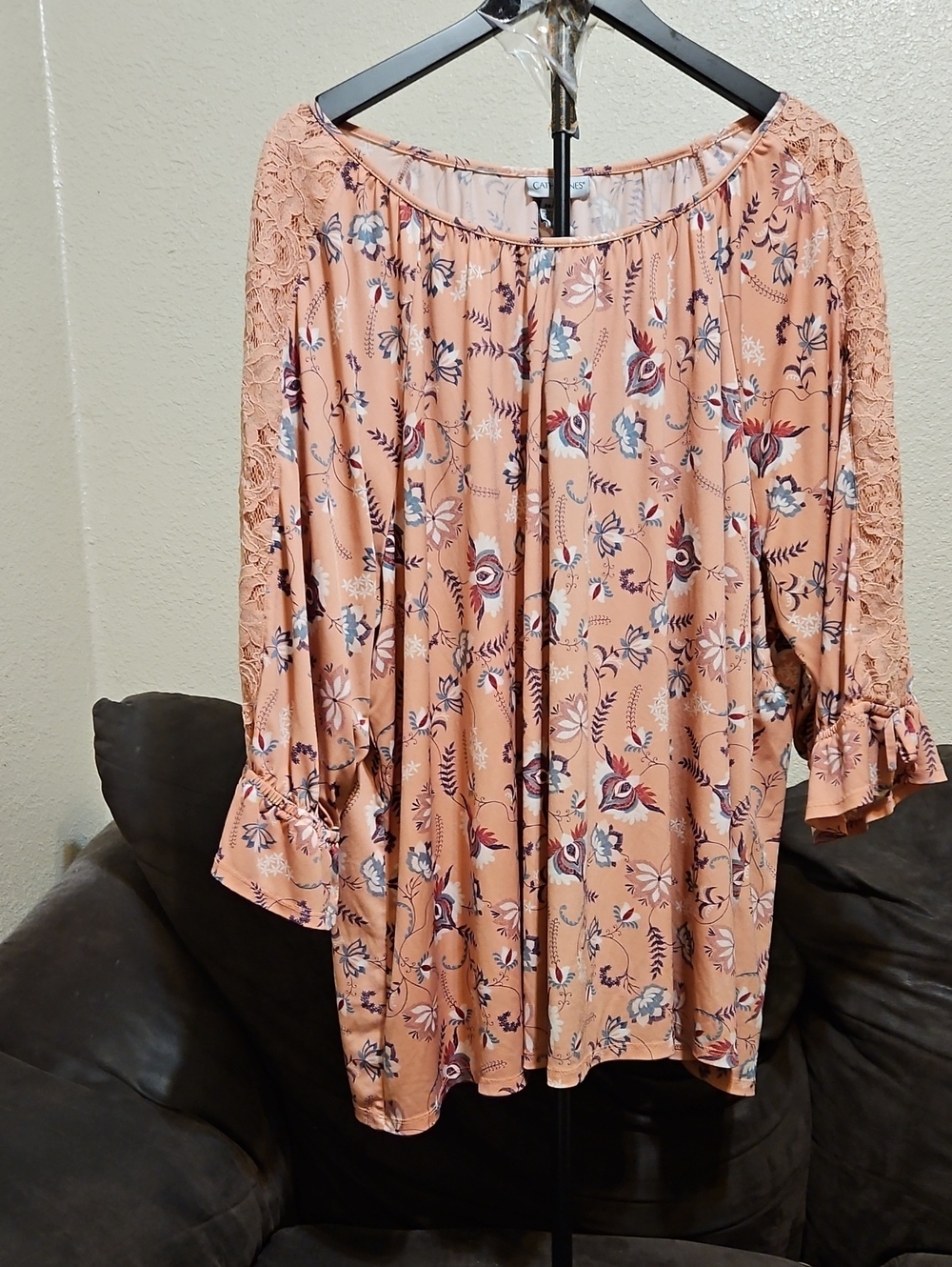 Catherines Peach Floral Lace-Sleeve Tunic Top